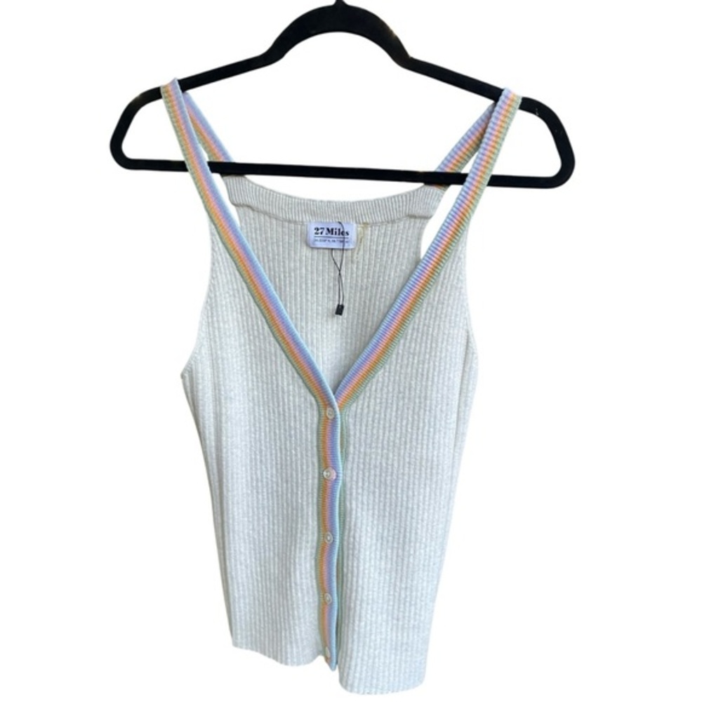 27 Miles Malibu Womens Y2K Ivory Ribbed knit Tank Striped Trim Size S Preppy